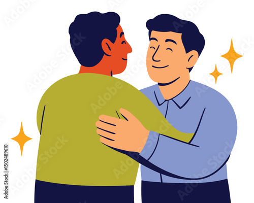 Two Men in Reassuring Hug from Behind