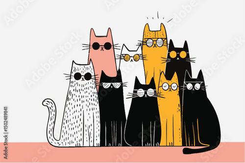 illustration of cool summer cats wearing sunglasses. hand drawn cartoon style
