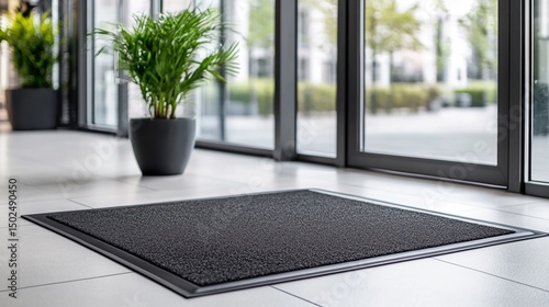 Stepping into a spotless entryway A dark grey welcome mat invites cleanliness and order into a modern building with