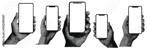 A person holding a mobile phone with blank screen. Grunge halftone effect