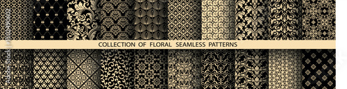 Geometric floral set of seamless patterns. Golden and black vector backgrounds. Damask graphic ornaments