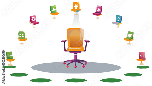 The Head Chair the focus of leadership with whimsical supporting chairs illustrated in dark studio