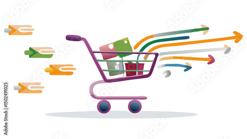 A vibrant shopping cart overflowing with possibilities arrows pointing towards success on a dark