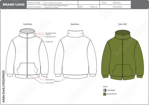 Men's fleece jacket tech pack design with clolor CAD