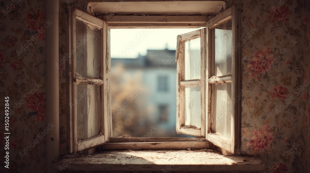 Fototapeta premium Faded window, open to a distant view