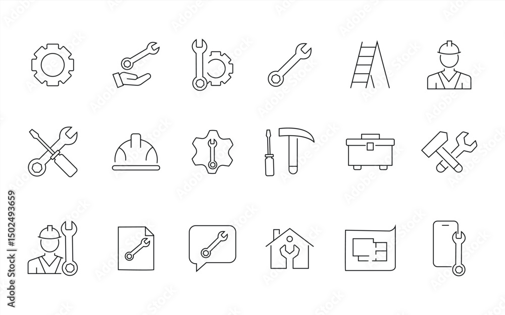 Fototapeta premium Repair web icons in line style. Engineer, maintenance, tools, support, collection. Vector illustration.