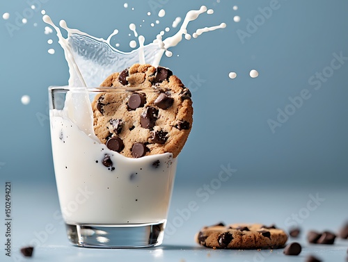 Chocolate Chip Cookie Dunked in Milk Splashing