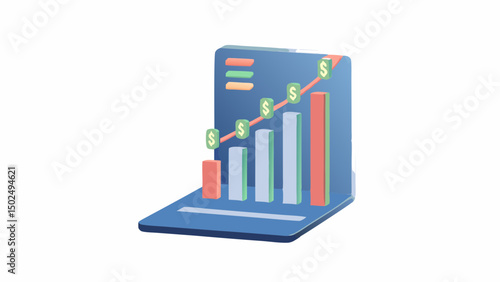 Isometric mobile phone displaying a financial graph with dollar signs and rising bar chart data