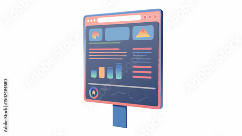 Isometric illustration of a data dashboard with charts and graphs on a screen display panel