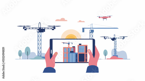 Hands holding tablet displaying building construction site with cranes and drones in the background