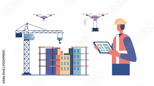 Construction site with worker using tablet, crane, building structure and drones in the scene