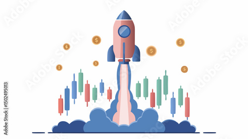 Rocket launching with stock market candles and coins representing financial growth and investment success