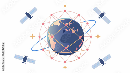 Illustration of earth surrounded by satellites and a network grid with orbiting satellite ring