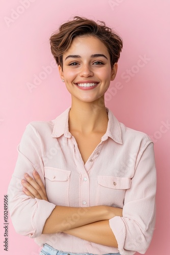 Smiling young woman with short hair, wearing a chic outfit, standing with arms crossed and exuding confidence, isolated against a soft pastel backdrop. 