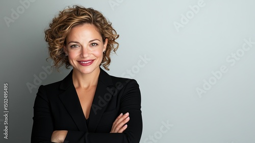 Successful young professional woman in a black blazer, confidently posing with arms folded, smiling with a sense of achievement, isolated on a plain background.