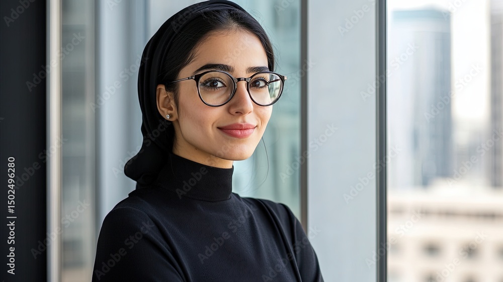 Young Arab professional woman with glasses, standing next to a large window with a city view, looking out and smiling confidently. Young Arab professional woman with glasses, standing next to a large window with a city view, looking out and smiling confidently.