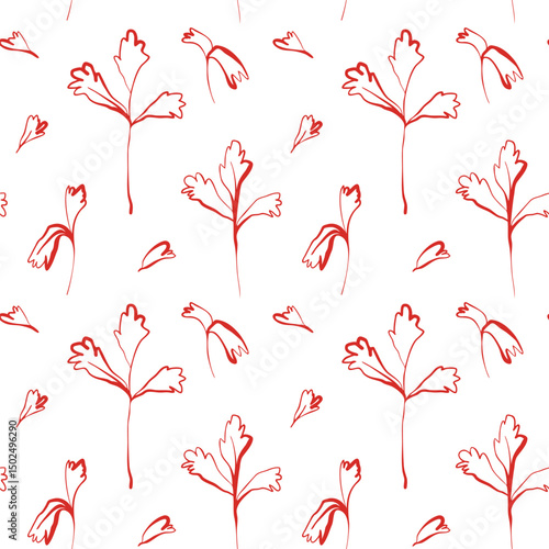 Whimsical hand drawn parsley seamless pattern in red on white background with playful organic line style