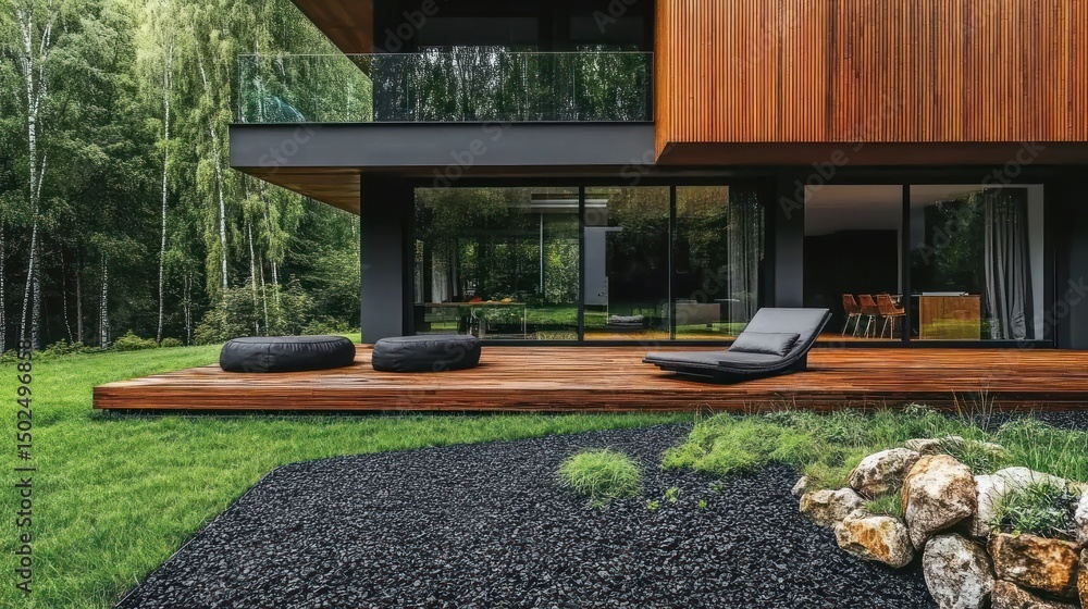 Modern house with wooden deck, outdoor seating, and landscaping