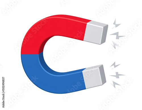 A powerful horseshoe magnet with red and blue poles emitting magnetic force