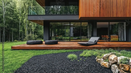 Obraz na płótnie Modern house with wooden deck, outdoor seating, and landscaping w salonie