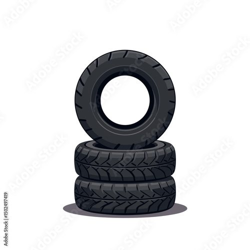 Stack of Three Black Car Tires Isolated on White Background, Automotive Industry Illustration