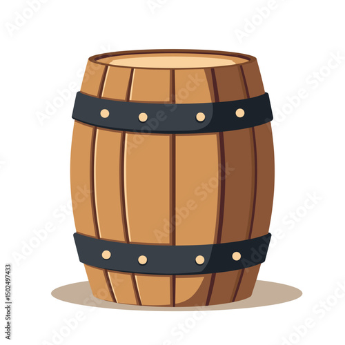 Cartoon Illustration of a Wooden Barrel with Metal Bands, Suitable for Wine, Beer, or Storage
