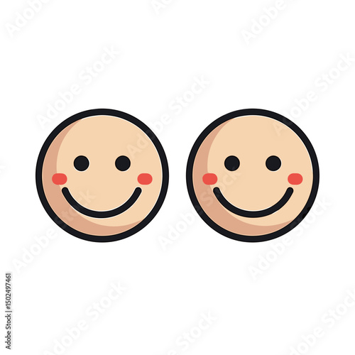 Two Simple Smiley Face Icons with Rosy Cheeks and Black Outlines, Representing Happiness and Positivity