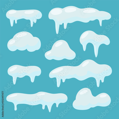 Set snow and Ice. Winter design with white and blue snow templates. Snowy frames and decorations on a blue background. Includes cartoon style and realistic snow caps, snowballs, snowdrifts.