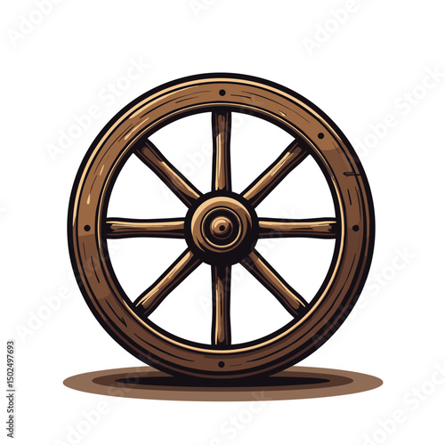 Illustration of a Rustic Wooden Wheel with Spokes, a Symbol of Transportation and Traditional Craftsmanship