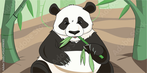 Adorable cartoon panda eating bamboo leaves artistic illustration with transparent background
