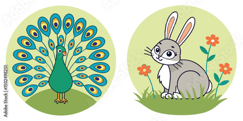 Adorable cartoon peacock and bunny illustrations within a circle on white background