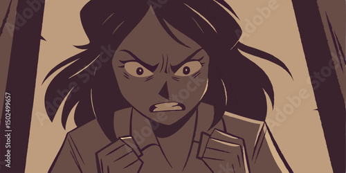 Animated woman with an angry expression and fists clenched in rage illustration