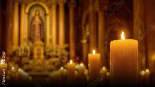 A mass for St. Clare during her feast day, church interior, candlelight, peaceful mood, golden gradient