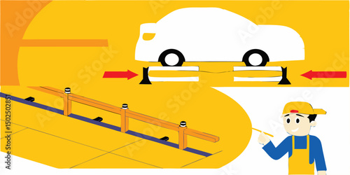 Cartoon illustration of car maintenance, painting, and road barrier on a yellow background