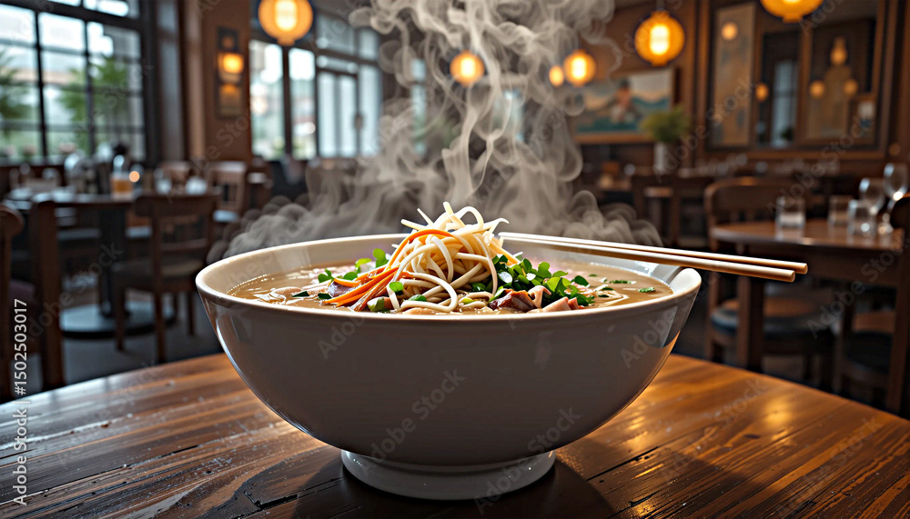 Steaming Bowl of Noodle Soup in Restaurant Setting Steaming Bowl of Noodle Soup in Restaurant Setting