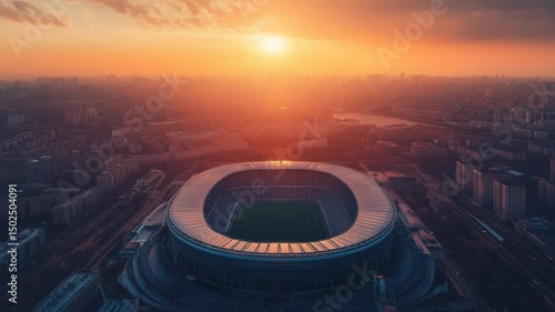 Spectacular aerial view of the stadium under a dramatic sunrise painting the sky