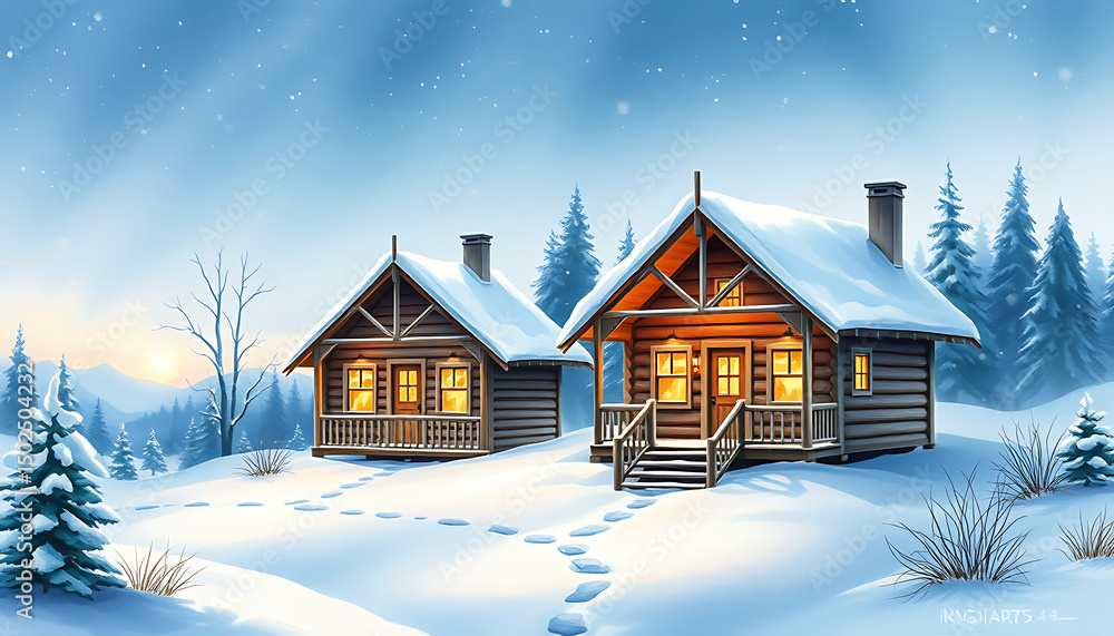 Cozy cabins in a snowy winter landscape Cozy cabins in a snowy winter landscape