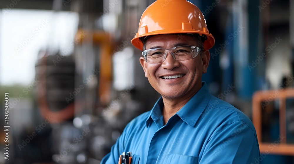 A happy factory worker with a bright smile ready to tackle challenges with his industry tools and hard hat in slightly A happy factory worker with a bright smile ready to tackle challenges with his industry tools and hard hat in slightly