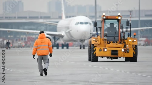 Airport Operations Worker in Safety Jacket Navigates Runway with Vehicle and Airplane, Ensuring Safe Transportation and Industrial Efficiency.