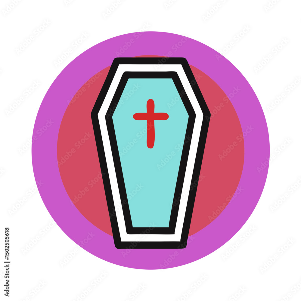 Obraz premium Coffin with a red cross representing death on a vibrant circular background