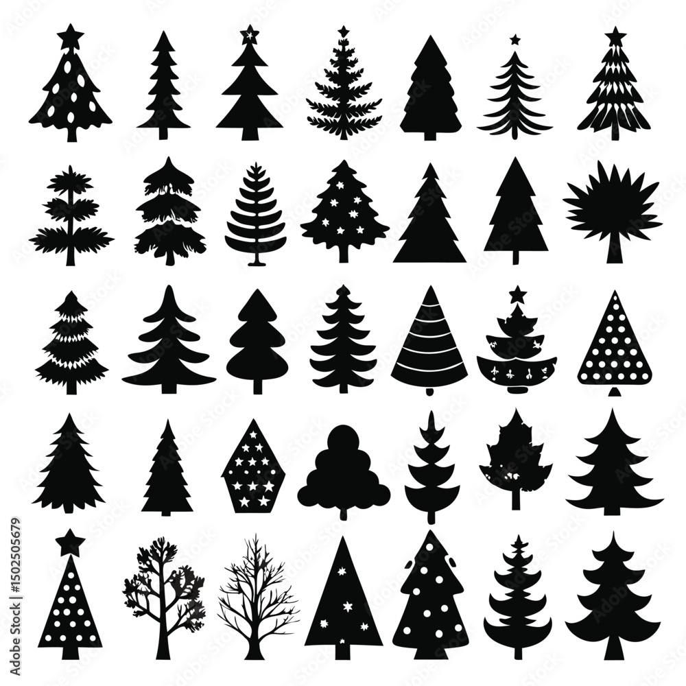 Obraz premium Collection of various christmas tree silhouettes in black and white, festive design elements
