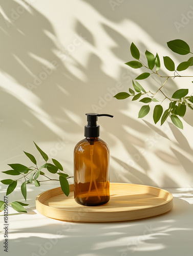 Bright lifestyle setup featuring an amber glass pump bottle positioned on a bamboo tray beside fresh green leaves, bathed in morning sunlight with airy shadows