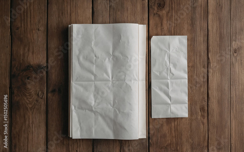 Crumpled white paper sheets, one large and one narrow, lying on rustic wooden planks with top down natural lighting.