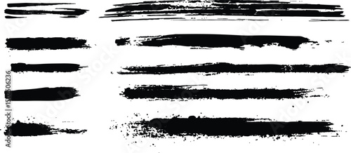 Isolated collection of abstract black paint splashes and brush stroke white background.  All brush strokes are isolated on white background. Grunge backdrop, trendy brush stroke for black ink paint.
