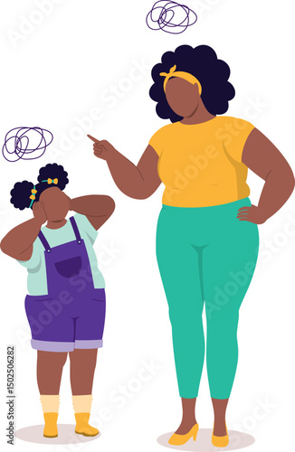 Angry Plus Size Black Mother Scolding Her Little Daughter. Rebellious Little Girl Do Not Want To Listen To Her Mother.