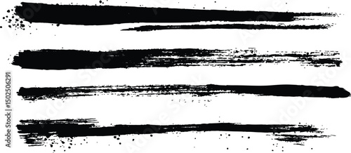 All brush strokes are isolated on white background. Vector horizontal black brush lines of differing thicknesses, demonstrating bold and striking linear artistic elements.