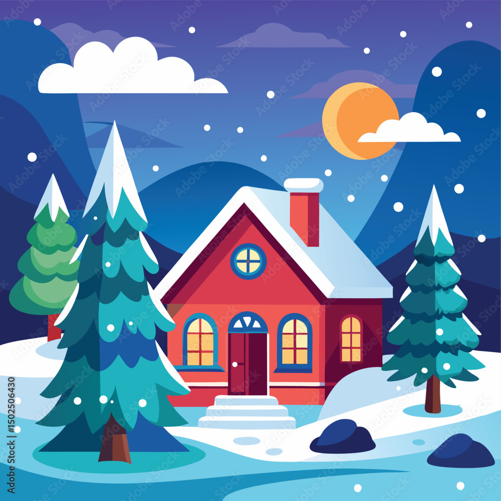 Naklejka premium Cozy winter scene featuring a snowy red house surrounded by trees and falling snow at night