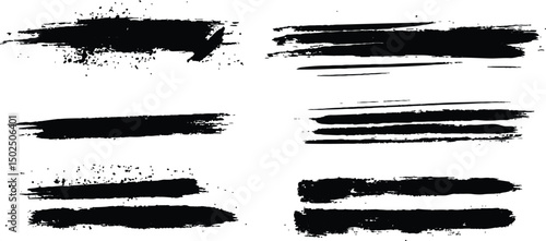 All brush strokes are isolated on white background. Vector horizontal black brush lines of differing thicknesses, demonstrating bold and striking linear artistic elements.