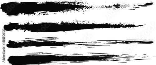 All brush strokes are isolated on white background. Vector horizontal black brush lines of differing thicknesses, demonstrating bold and striking linear artistic elements.