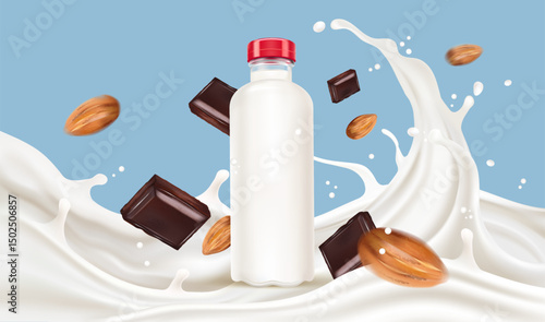Milk liquid splashing with Packaging mock up isolated on solid color background. Realistic vector in 3D elements. Food and Drink concepts.